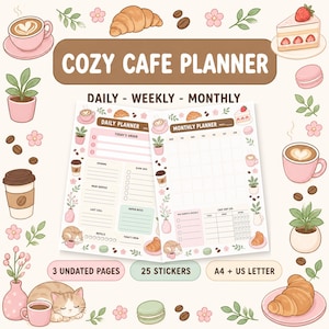Puede incluir: Un conjunto de planificadores digitales titulado COZY CAFE PLANNER con plantillas diarias y mensuales. Las páginas presentan ilustraciones de tazas de café, cruasanes, pasteles, macarons, plantas en macetas y un gato. Incluye 3 páginas sin fecha, 25 pegatinas y tamaños A4 y US letter.