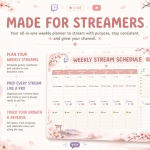 May include: A digital weekly stream schedule planner featuring a soft pink cherry blossom theme. The layout includes columns for each day of the week, sections for stream goals and content ideas, and icons for platforms like Twitch and YouTube.