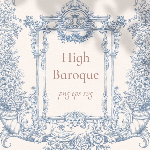 Cadres baroques élevés, png eps svg, cadre d'invitation de mariage, bordure de vecteur, clipart dessiné à la main, cadre d'art en ligne, clipart vintage de célébration, bleu