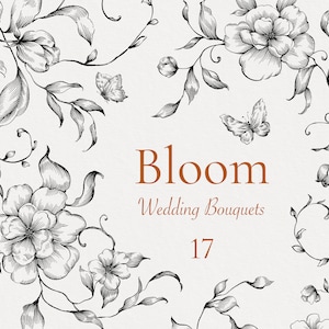 Bloei bruidsboeketten Png Eps Svg zwart-wit zeer fijne tekeningen lente boeket grens frame roos pioen, uitnodiging bloemen clipart digitale bladeren