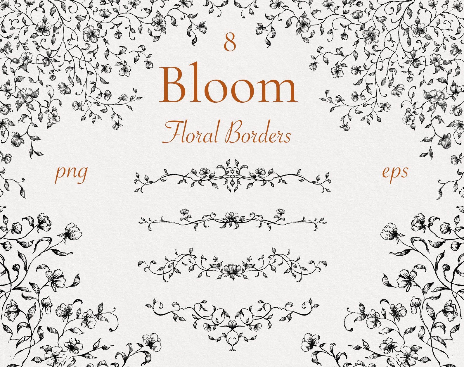 Bloom Border Bloom Floral Digital Borders Frame, Png Eps Svg Black and White Hand ...