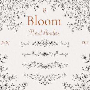 Bloom Floral Digital Borders Frame, Png Eps Svg Black and White Hand Drawn Flower, Fine line ink draw, Floral Clipart