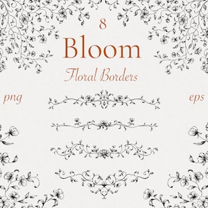 Bloom bloemen digitale randen Frame, Png Eps Svg zwart-wit handgetekende bloem, fijne lijn inkt tekenen, bloemen clipart