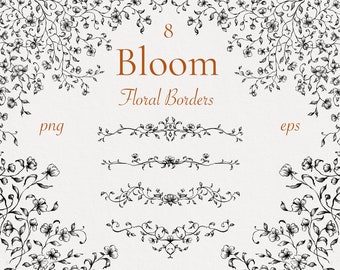 Bloom Floral Digital Borders Frame, Png Eps Svg Noir et Blanc Fleur dessinée à la main, Dessin à l’encre fine, Floral Clipart