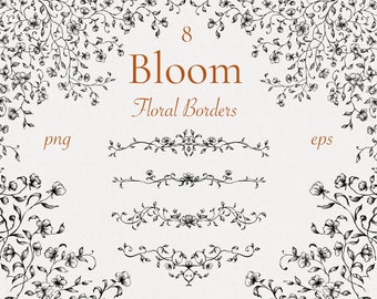 Bloom Floral Digital Borders Frame, Png Eps Svg Black and White Hand Drawn Flower, Fine line ink draw, Floral Clipart