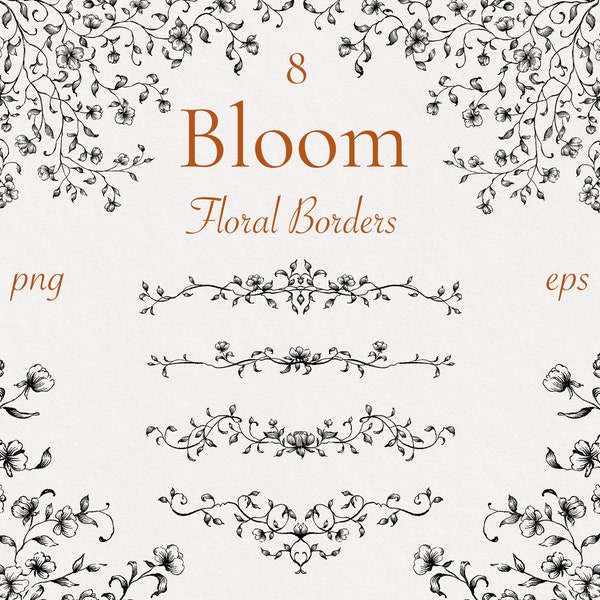 Bloom Floral Digital Borders Frame, Png Eps Svg Black and White Hand Drawn Flower, Fine line ink draw, Floral Clipart