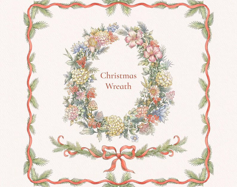 May include: A watercolor illustration of a Christmas wreath with red ribbon and green pine branches. The wreath is decorated with pink, white, and yellow flowers. The text "Christmas Wreath" is written in the center of the wreath.