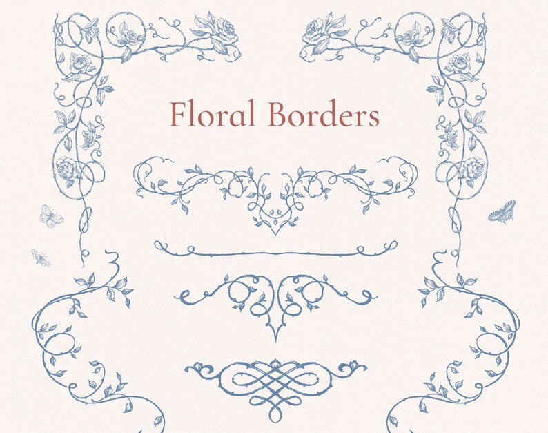 May include: A set of eight blue floral borders with a title that reads "Floral Borders". The borders are made up of vines, leaves, and flowers. Some of the borders have butterflies.