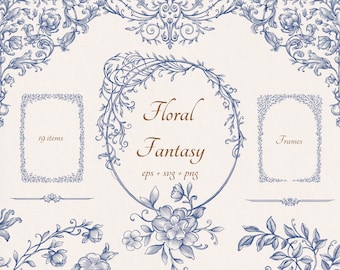 May include: A set of 19 blue floral frames and borders, with the text "Floral Fantasy eps + svg + png" in the center.