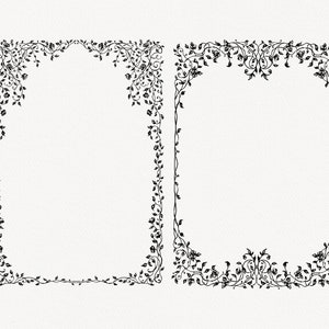 Pu&ograve; includere: Due cornici ornate in bianco e nero con disegni floreali e di vite. Le cornici hanno una forma rettangolare con angoli arrotondati e un arco decorativo nella parte superiore. Lo sfondo &egrave; di colore bianco sporco strutturato.