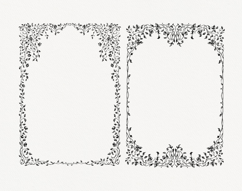 Pu&ograve; includere: Due cornici ornate in bianco e nero con disegni floreali e di vite. Le cornici hanno una forma rettangolare con angoli arrotondati e un arco decorativo nella parte superiore. Lo sfondo &egrave; di colore bianco sporco strutturato.