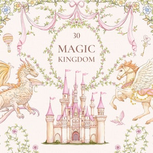 Magic Kingdom roze, ontwerp uitnodiging babymeisje, kasteel, png-frames, aquarel draak, pegasus, verjaardag clipart, strikken, vogel, prinses png