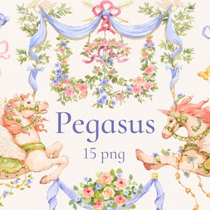 Pégaso PNG, Clipart de circo em aquarela, Bordas florais, Moldura barroca, Arte de linhas finas, Desenho de animais à mão, Ilustração vintage de casamento