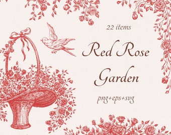 Red Rose Garden Png Eps Svg, Floral frames, Roses bouquets, Botanical borders, Vector wedding clip art, invitation decorations, line art