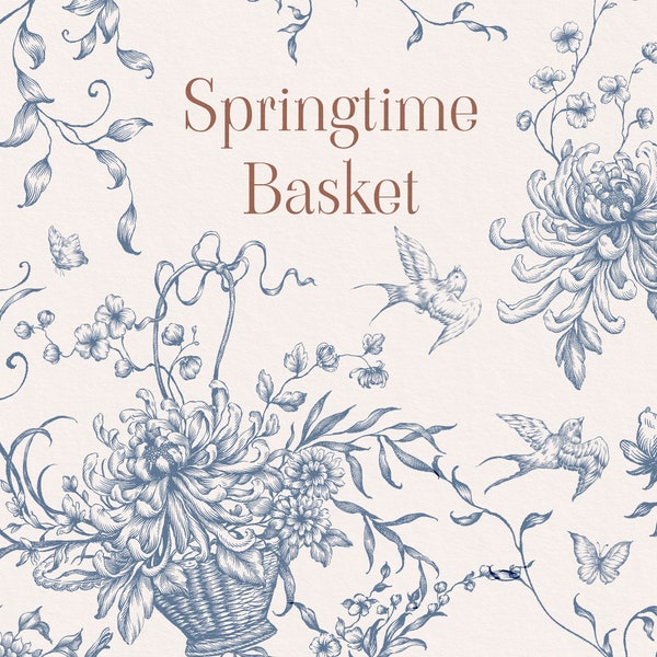 Springtime basket Png Eps Svg Floral Frames, Handmade Clipart, Line art Flowers, Botanical drawings, Summer garden Wedding clipart Bouquet