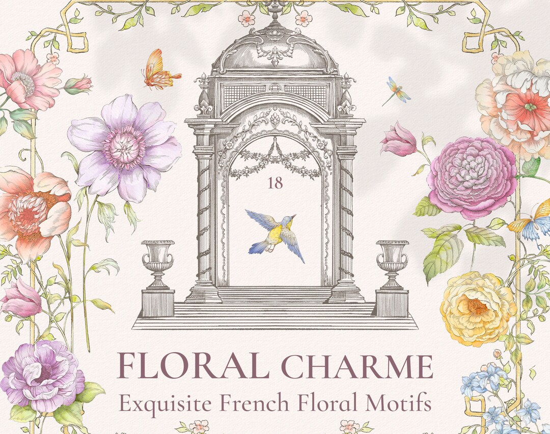 Floral Charme, Png Vintage Clipart for Invitations, Frames, Flowers