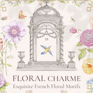 Floral Charme, Png Vintage Clipart Für Einladungen, Rahmen, Blumen, Schmetterlinge, Vogel, Aquarell Rosen, Hochzeitsmotive, Botanische Clipart