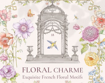 Può includere: Un'illustrazione vintage di un arco in stile francese con motivi floreali. L'arco è decorato con fiori delicati, farfalle e un uccello. Il testo "FLORAL CHARME" e "Exquisite French Floral Motifs" è visualizzato sotto l'arco.