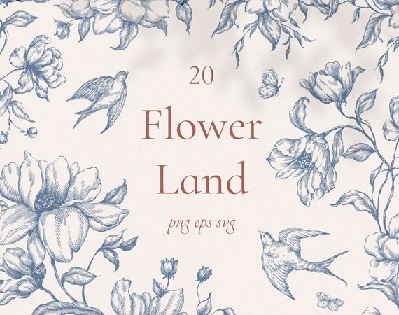 Flower Land Victorian Clipart Png Eps Svg Wedding Bouquets, Hand-made Borders Digital ink Frames, line art Flowers, Vintage Clip arts, Birds