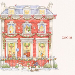May include: A red brick house decorated for Christmas with a snowman and other figures in the windows. The house is surrounded by a white picket fence and snow on the ground. The word "zoom" is written in red on the right side of the image.