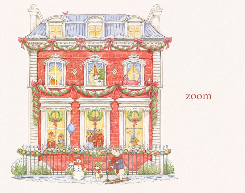 May include: A red brick house decorated for Christmas with a snowman and other figures in the windows. The house is surrounded by a white picket fence and snow on the ground. The word "zoom" is written in red on the right side of the image.