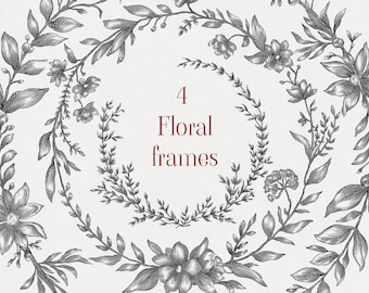 Marcos florales victorianos (Png), dibujo a tinta, corona, marco de boda, descarga instantánea, imágenes prediseñadas