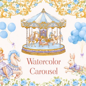 Aquarell Karussell Pferde Blau, Babyparty Clip Art, Kindheit Vintage, Tierbabys, Blumenrahmen, Rosen, Hase png, Zirkus, Geburtstag