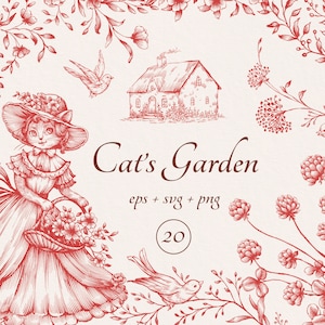 Jardim do gato eps, svg, png, clipart botânico, arte de linha floral, vetor de tinta, gatinho digital, brasão de casamento, buquê de rosas, moldura vermelha, belas artes