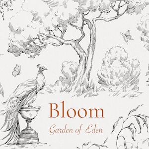 Jardin d'Eden fleuri, Png Svg Eps, clipart floral, oiseaux numériques, animaux, bordure de fleurs, dessin au trait, illustrations vintage, arbres, bouquets