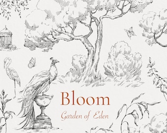 May include: Black and white illustration of a garden scene with a peacock perched on a pedestal, trees, and a small building. The text "Bloom Garden of Eden" is displayed in brown font.
