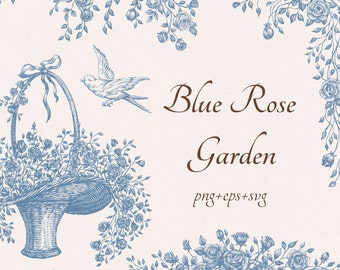 Blue Rose Garden Png Eps Svg, Floral Clipart Botanical digital frames, Flower border, Wedding Bouquet, invitation clip arts, line vintage