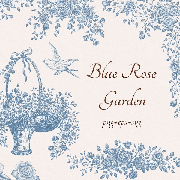 Blue Rose Garden Png Eps Svg, Floral Clipart Botanical digital frames, Flower border, Wedding Bouquet, invitation clip arts, line vintage