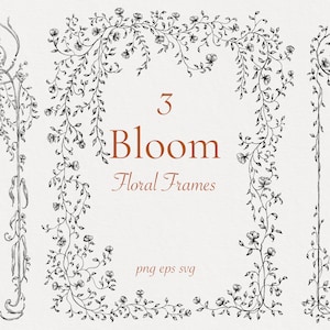 Cadres floraux Bloom png eps svg n/b, Clipart feuilles, dessin à l'encre fait main, clipart Blossom, couronne numérique de fleurs, fleuret au trait fin