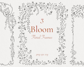 Bloom Floral Frames png eps svg b/w, Clipart feuilles cadre, dessin à l'encre fait à la main, fleur clip art, couronne de fleur numérique, Fine Line Floret