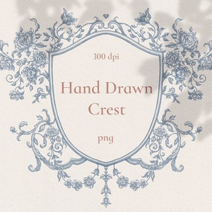 Brasão de casamento desenhado à mão png, logotipo de casamento floral, clipart de tinta, arte de linha barroca, convite em moldura, estilo vitoriano, banner renascentista, azul