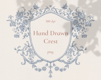 Hand Drawn Wedding Crest png, Floral Wedding logo, ink clipart, Baroque line art, frame invite, Victorian style, Renaissance banner, blue