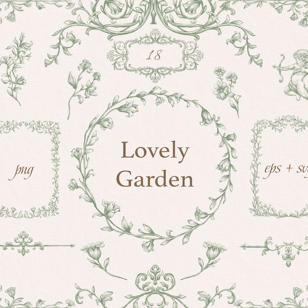 Green Lovely Garden Floral Frames Png Eps Svg Line art, Bordures, Couronne, Clipart mariage, Renaissance, Illustrations à l'encre faites main et Dessin au trait