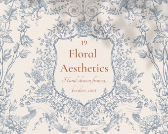 May include: A vintage-style illustration of a floral design with a crest in the centre. The crest is a shield shape with the text "19 Floral Aesthetics" and "Hand-drawn frames, borders, crest" in a brown font. The background is a light beige colour.