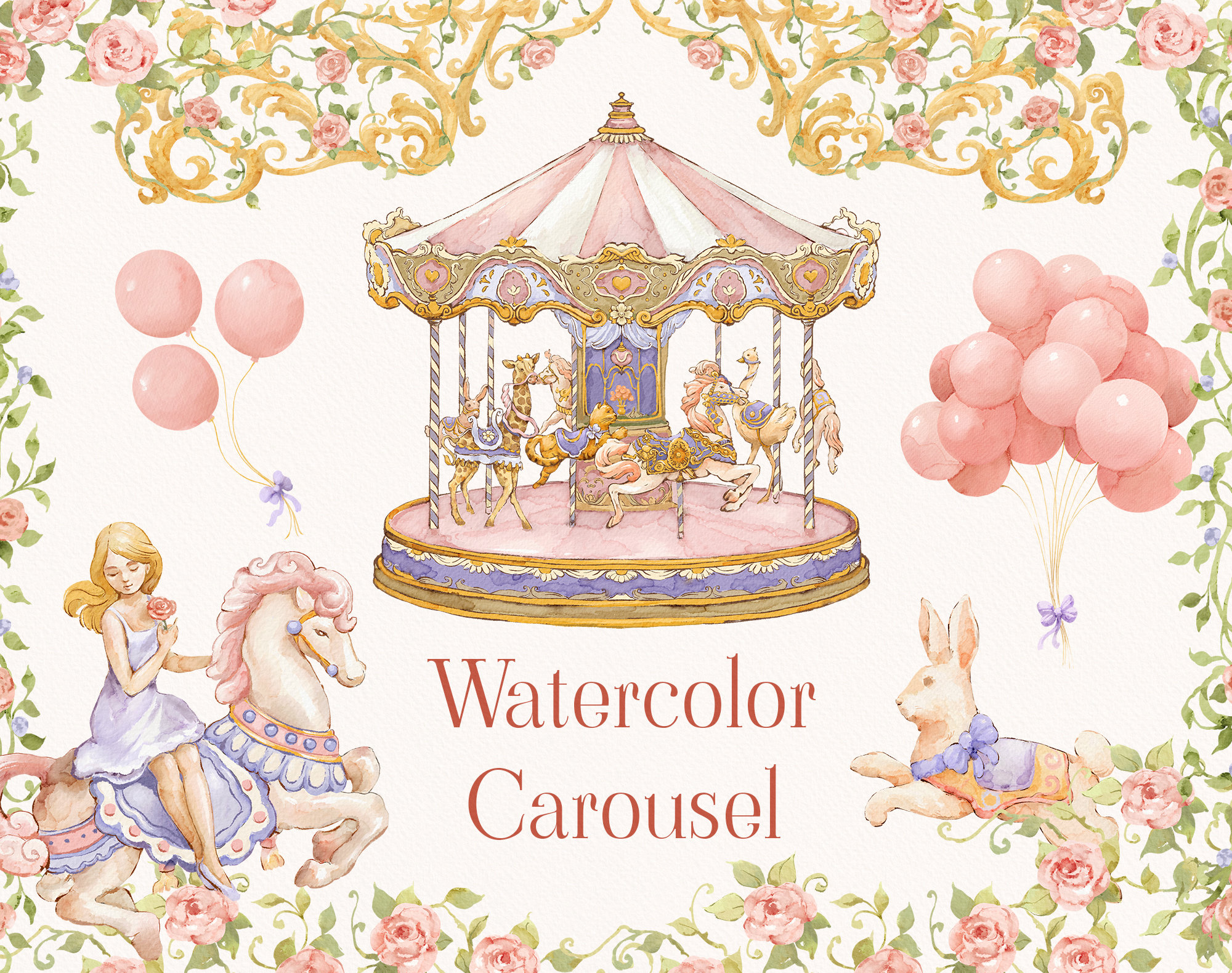 Watercolor Carousel Horses, Baby Shower Clip Art, Floral Frame, Png ...