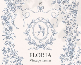 May include: A set of 20 vintage floral frames in a blue and white colour scheme. The frames feature a variety of floral designs, including roses, leaves, and birds. The frames are ideal for adding a touch of elegance to any project.