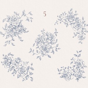 May include: Five hand-drawn illustrations of blue floral bouquets with roses and leaves. The illustrations are on a white background.