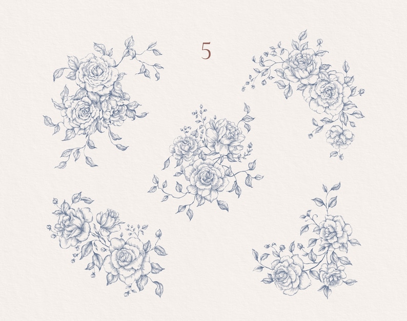 May include: Five hand-drawn illustrations of blue floral bouquets with roses and leaves. The illustrations are on a white background.