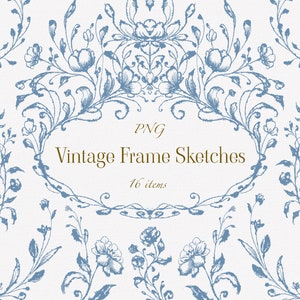 Vintage Frame Sketches, Fine art wedding, Floral Frames, Botanical handpainted ink clipart, PNG clipart, Instant download