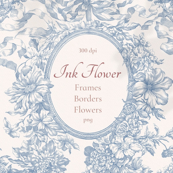 Ink Flower Line Frames, Wedding png borders, Round frame, Baroque, vintage clipart, Invitation art, wreath digital, hand drawn illustration