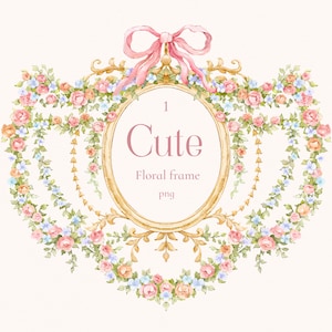 かわいい花柄の png フレーム、バロック スタイル、ビンテージ クリップアート、丸い枠、ダスティ ピンク、水彩画の紋章、小さな花、デジタル イラスト
