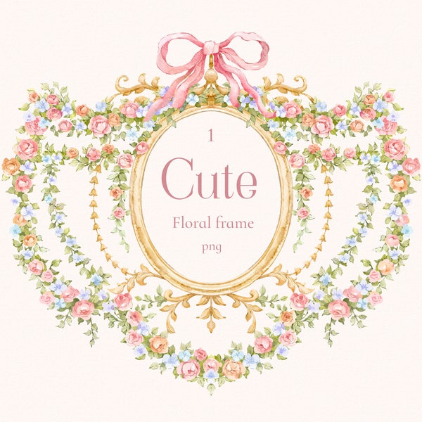 Cute Floral png Frame, Baroque style, vintage clipart, round border, Dusty pink, watercolor crest, little flowers, digital Illustration