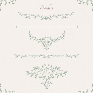 May include: Five different decorative borders with a leafy vine design. The borders are drawn in a light green color on a white background. The word "Borders" is written in a light brown color at the top of the image.