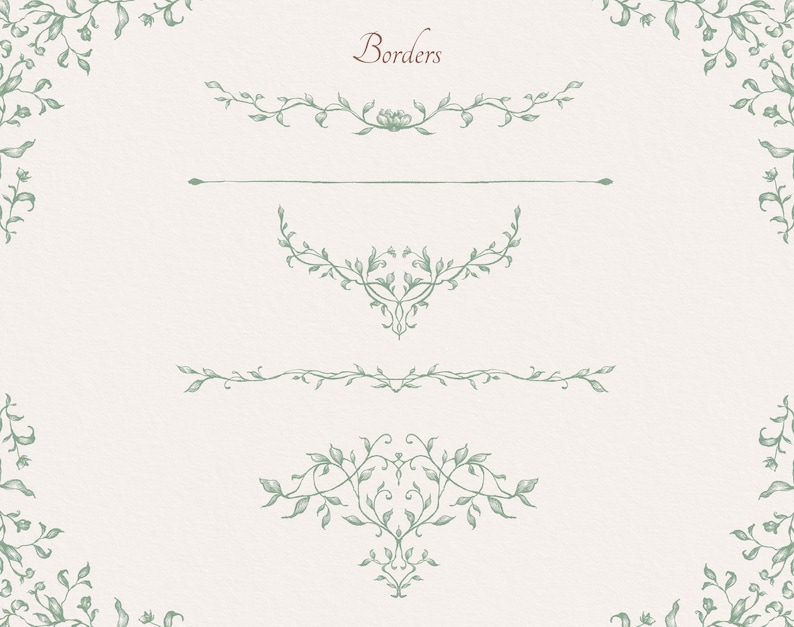 May include: Five different decorative borders with a leafy vine design. The borders are drawn in a light green color on a white background. The word "Borders" is written in a light brown color at the top of the image.