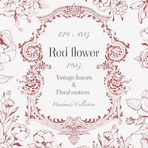 Molduras vintage de flores vermelhas e motivos florais Eps + Svg +Png, Molduras de casamento, Buquês, Clip art, Download instantâneo