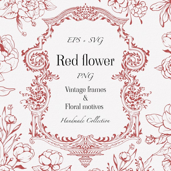 Rote Blumen Vintage Rahmen und Blumenmotive Eps + Svg +Png, Hochzeitsrahmen, Blumensträuße, ClipArt, Sofortiger Download